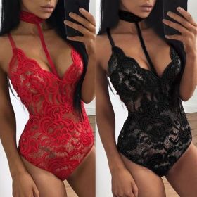 Fashion Women Sheer Lace Floral Leotard Tops Backless Jumpsuit Sexy Lingerie Dress Neck Choker Bodysuit (Color: Red, size: L)